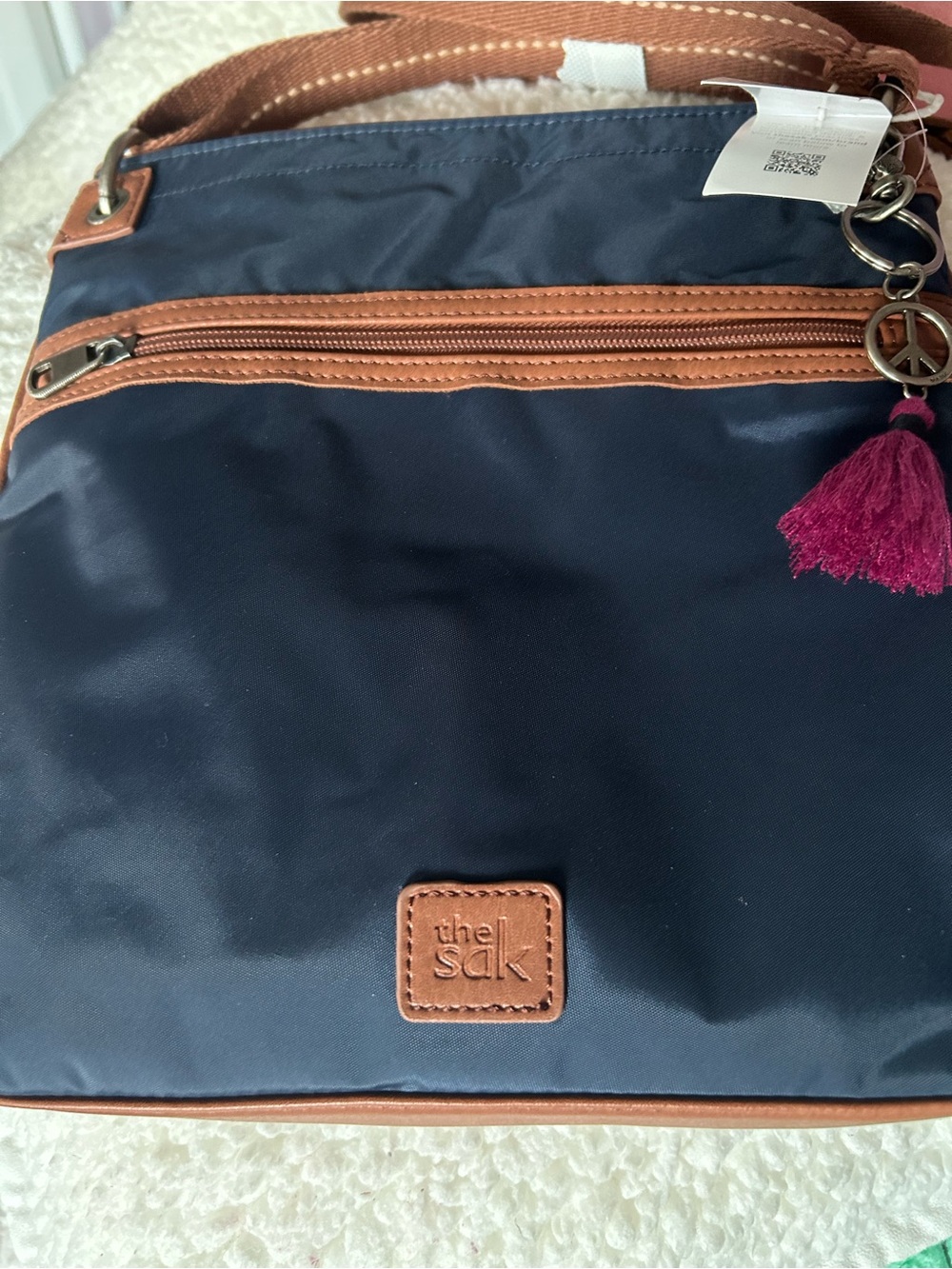 The Sak NWT Navy Esperato Crossbody Tote Bag with Brown Trim